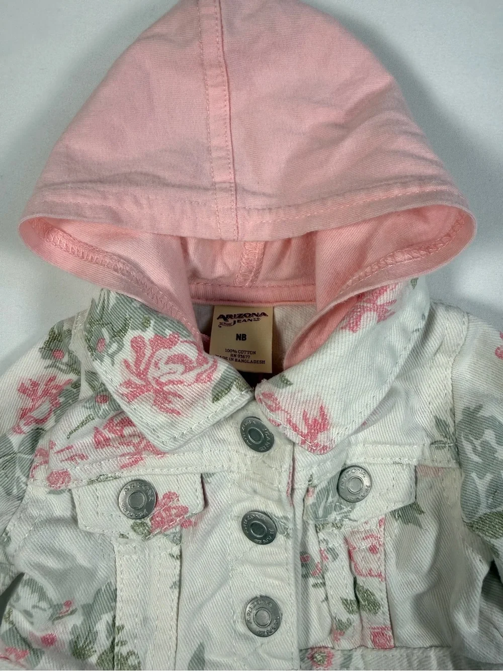 ARIZONA JEANS CO. Newborn Girls' Rose Floral Hooded White Jean Jacket Western